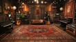 © Zaenal - Rustic music studio with wooden walls, a red rug, vintage furniture, and music equipment.