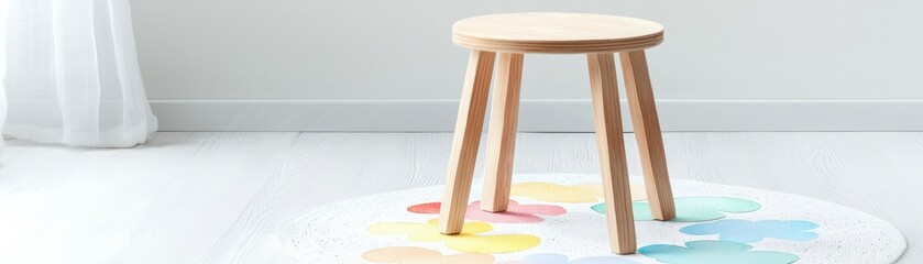 Wall Mural - A minimalist wooden stool on a colorful rug, casting soft shadows in a bright room, ideal for modern interior design projects.