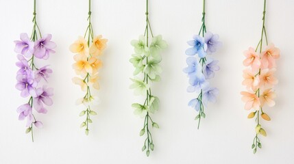 Wall Mural - A collection of delicate hanging flowers in various pastel colors, creating a serene and vibrant atmosphere perfect for spring themes.