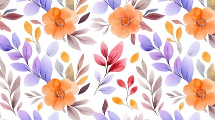 Poster - Beautiful watercolor floral pattern featuring vibrant orange flowers and delicate leaves in a harmonious arrangement, perfect for design projects.