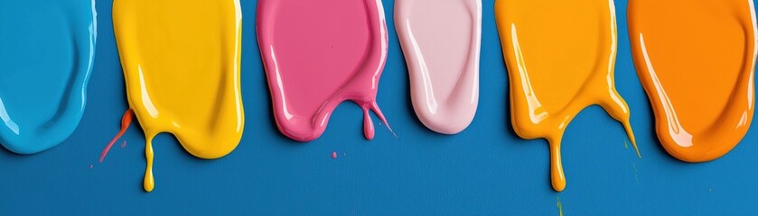 Poster - Vibrant paint drips in various colors on a blue background, perfect for showcasing creativity and artistic expression. Ideal for design projects.