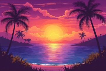 Poster - A vibrant sunset over tranquil waters framed by palm trees, creating a serene tropical paradise atmosphere. Ideal for relaxation and nature themes.