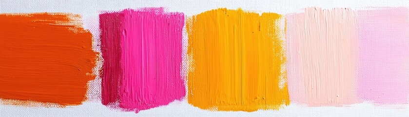 Wall Mural - Vibrant paint swatches showcasing warm hues of orange, pink, yellow, and light pink. Ideal for artistic and creative design projects.