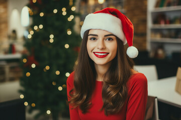 Poster - AI generated image of charming cheerful lady office staff on new year celebration