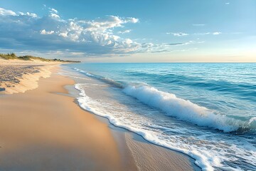 Wall Mural - Calm ocean waves gently lapping against a sandy beach at sunset