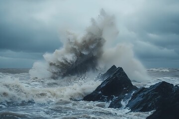 Wall Mural - Waves crashing against rocky shoreline during a stormy day