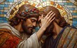 © PlenyunGraphics - Two men embrace with their foreheads touching in a stained glass mosaic.