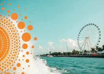 Aufkleber - vibrant rotating orange circles and dots on a cyan background creating a dynamic visual experience w