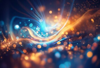 Poster - Abstract background with blue and orange flowing lines and bokeh lights.