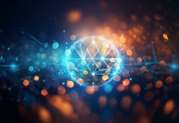 Fototapete - A glowing sphere with lines and dots connected in a web-like structure against a dark blue background.