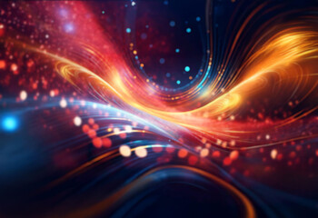 Aufkleber - Abstract glowing lines of blue and orange swirl on a dark background with blurred bokeh lights.