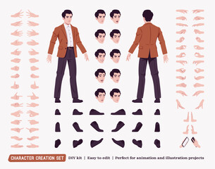 Wall Mural - Handsome businessman wearing brown blazer suit jacket guy DIY character creation set, body figure parts, shoes. Head, leg, hand gestures, different emotions, construction kit. Vector illustration