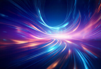 Poster - Abstract digital art with swirling lines of orange and blue light against a dark background.