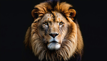 Wall Mural - a lion stares intently at the camera, its golden mane framing its face against a black background