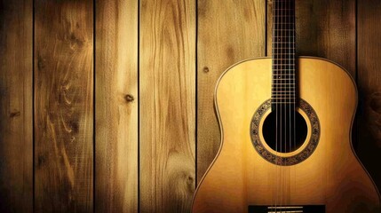 Classical guitar with nylon strings, set on a dark wood background, featuring light brown wood with visible grain and a decorative pattern around the sound hole. Ideal for musicians and music lovers