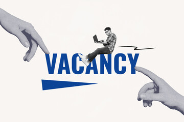 Poster - Composite photo creative abstract collage of funny intelligent man look at laptop searching job vacancy isolated on white color background