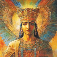 Majestic deity with vibrant wings and ornate crown, vivid colors, white isolate background.