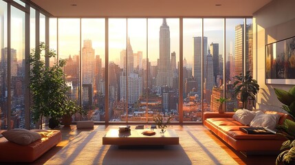 Poster - The living room of the apartment with a view of the city 4k Image 