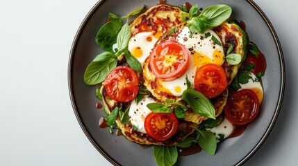 Wall Mural - A plate of zucchini pancakes beautifully adorned with fresh cherry tomatoes, basil leaves, and a drizzle of sauce, emphasizing a harmonious culinary presentation.