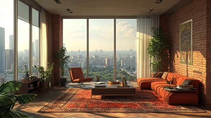 Poster - The living room of the apartment with a view of the city 4k Image 
