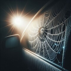 Wall Mural - Spider web illuminated by headlights – A spider web stretched