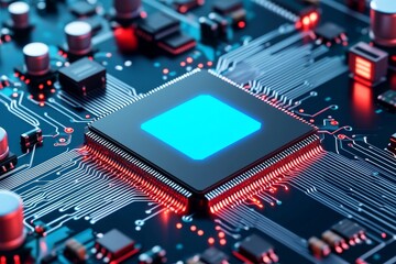 Poster - Technology background with electronic circuits and processors. Neurons are artificial, and data connections are global.