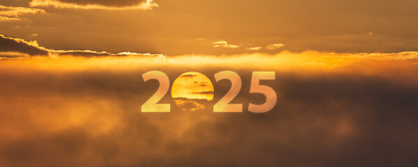 Wall Mural - New year 2025 with sunset or sunrise sky background with fog