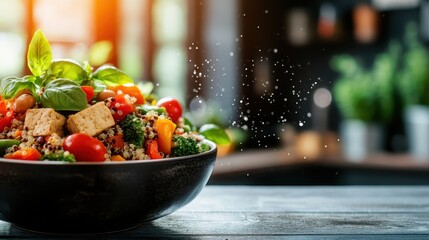 Wall Mural - A fresh and vibrant vegan salad, featuring quinoa, colorful vegetables, and seasoned tofu tossed with lettuce, representing a healthy lifestyle choice.