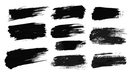 Strokes of black paint, brush, roller, spatula. Collection of brushes Smears of paint on a transparent png background for your design