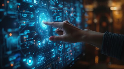 Poster - Close-up of a hand interacting with a futuristic digital interface on a monitor, with a blurred background.