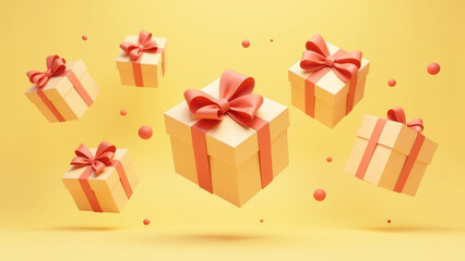 Wall Mural - Levitating craft gift boxes wrapped with red ribbons float on pastel yellow background, creating a cheerful and festive atmosphere, perfect for celebrations or holidays.