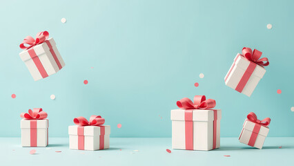 Wall Mural - Levitating craft gift boxes wrapped with red ribbons float on pastel blue background with copy space, creating a festive atmosphere, perfect for celebrations or holidays.