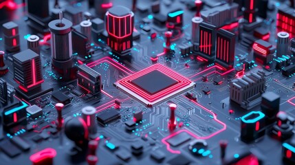 Poster - in this illustration, we see an isometric ai chip with an ai hologram on a circuit-tech background. 