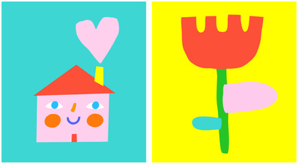Wall Mural - red tulip flower on a yellow background. pink smiling house with smoke of big heart shape. cute nurs