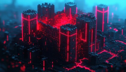 Futuristic Red Neon Castle 3D Render Cyberpunk Architecture