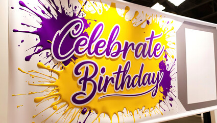 Wall Mural - A Festive Birthday Banner: A cheerful and colorful banner with the words Celebrate Birthday and colorful paint splashes, 1