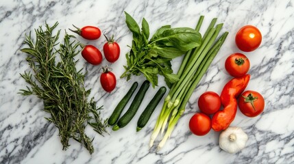 Wall Mural - Healthy ingredients with vegetables, herbs, and spices on marble background