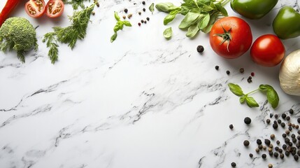 Wall Mural - Healthy ingredients with vegetables, herbs, and spices on marble background