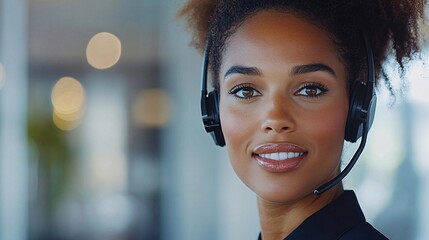 Fototapete - Professional call center environment with representatives wearing headsets, working together to support customers, evoking trust and efficiency with side empty space for text Stockphoto style