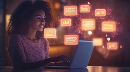 Fototapete - Employee resolving a customer query via online chat interface, set in a relaxed and professional workspace, emphasizing accessibility with side empty space for text Stockphoto style