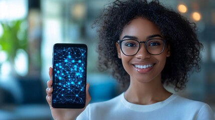 Wall Mural - Professional service agent showing a digital solution on a smartphone to a customer, suggesting mobile accessibility and support with side empty space for text Stockphoto style