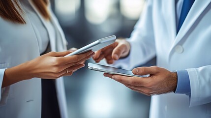 Fototapete - Professional service agent showing a digital solution on a smartphone to a customer, suggesting mobile accessibility and support with side empty space for text Stockphoto style