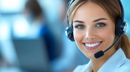 Fototapete - Support agent sitting at a desk with a laptop, a headset, and a friendly expression, radiating reliability with side empty space for text Stockphoto style
