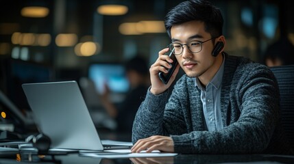 Fototapete - Service agent seated at a desk with a notepad and laptop, engaged in a helpful phone conversation, conveying dedication with side empty space for text Stockphoto style