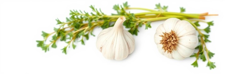 Wall Mural - Fresh garlic bulbs with visible cloves, isolated on a clean white background, bulb, isolated, herb