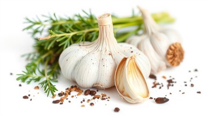 Wall Mural - Fresh garlic bulbs with unpeeled cloves, isolated on a clean white background, organic, fresh, culinary