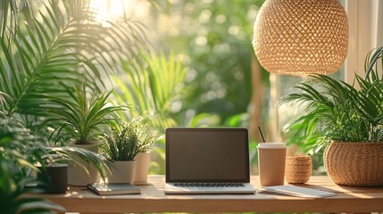 Fototapete - Working from a cozy home office with a laptop coffee cup and notebook on a wooden desk surrounded by personal items and natural sunlight streaming in creating a warm inviting atmosphere Teleworking