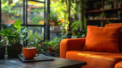 Fototapete - Casual home workspace with laptop and coffee cup on a table surrounded by comfortable seating for a relaxed teleworking environment Teleworking concept with side empty space for text Stockphoto style