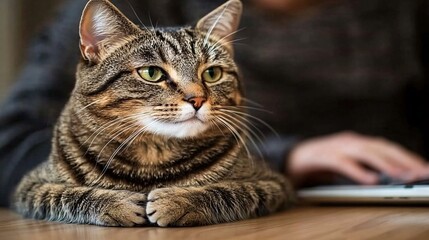 Fototapete - Pet cat sitting beside person working on a laptop at home representing a family-friendly and comfortable teleworking setup Teleworking concept with side empty space for text Stockphoto style