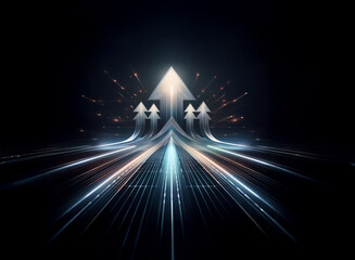 Poster - Multiple white arrows converge at the top of the image, symbolizing growth and progress. The arrows are surrounded by a dark blue background with streaks of light, resembling a fast-moving journey.